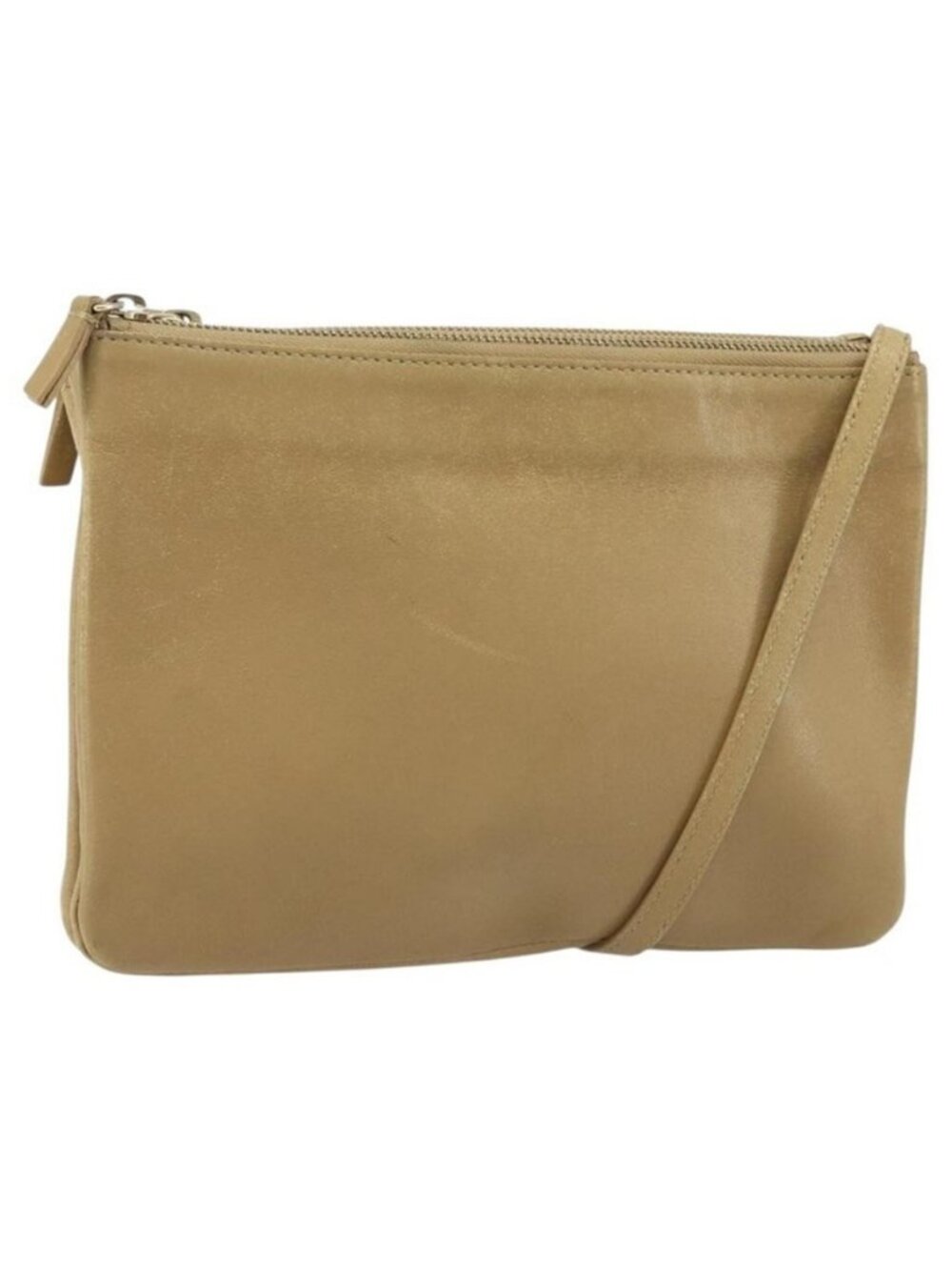 Authentic CELINE Trio Shoulder Bag Leather Beige Gold